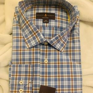 Robert Talbott men’s shirt, NWT, original packaging. 2XL tailored fit. Blue/tan.